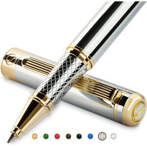 Silver Chrome Rollerball Pen - Stunning Luxury Pen with 24K Gold Finish